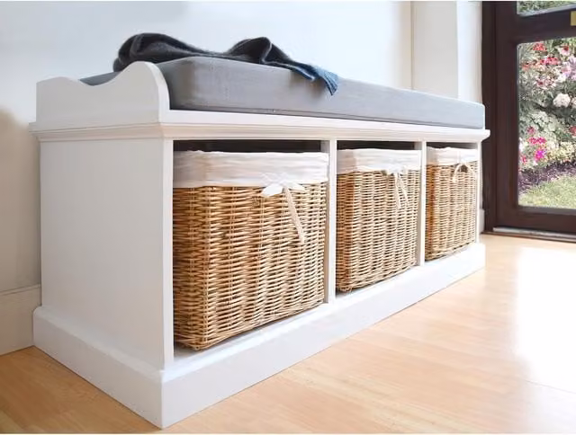 Tetbury White Shoe Rack Bench with Natural Rattan Baskets, W: 112 cm