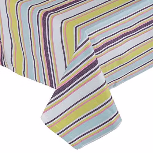 Homescapes Striped Cotton Square Tablecloth in Green, Blue, White and Multicolour, W/D: 137 x 137 cm