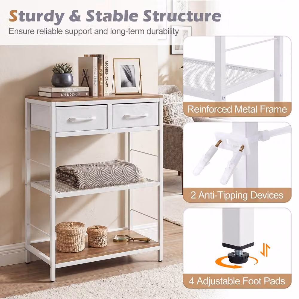 Gymax Narrow Rustic Wood Console Table with 2 White Fabric Drawers – 4