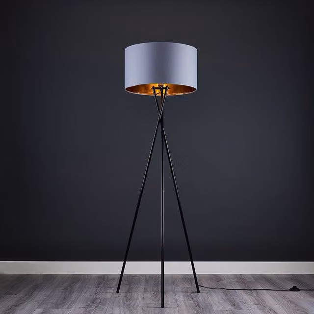 ValueLights Camden Tripod Floor Lamp with Metallic Inner Shade and Bulb in Gold and Black