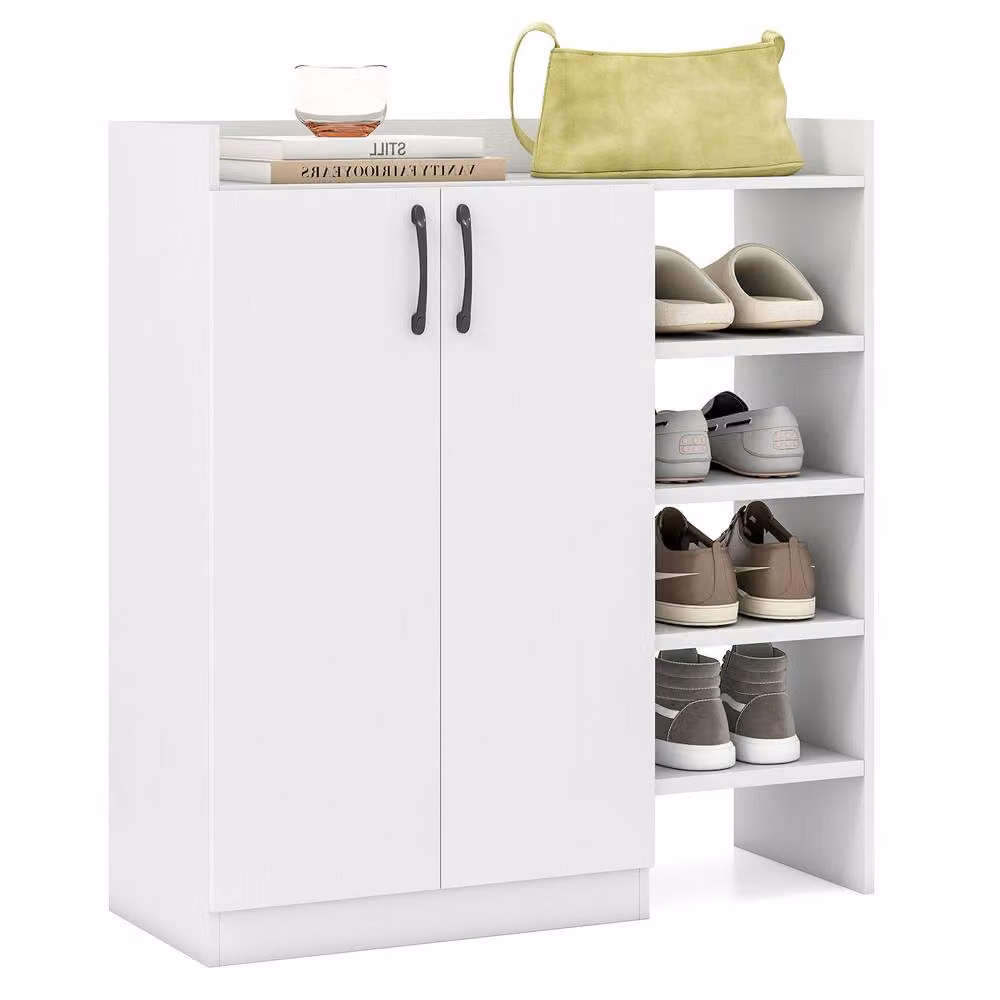 Costway Industrial Wooden Shoe Cabinet with Hinged Doors and 4 Open Shelves in White – 2