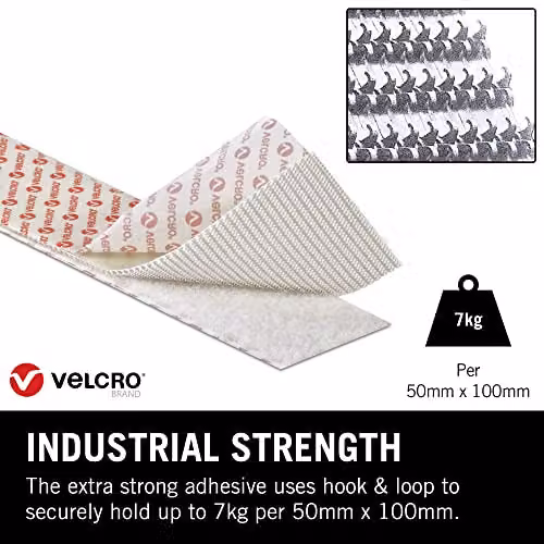 VELCRO Brand Heavy Duty Stick On Double Sided Hook and Loop Self Adhesive Tape, White, Width: 5 cm, Length: 1 m – 2
