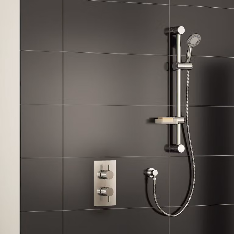 Royal Bathrooms Grace Round Thermostatic Valve Shower Mixer with Deluge Slide Rail Kit and Outlet Elbow in Chrome and Silver