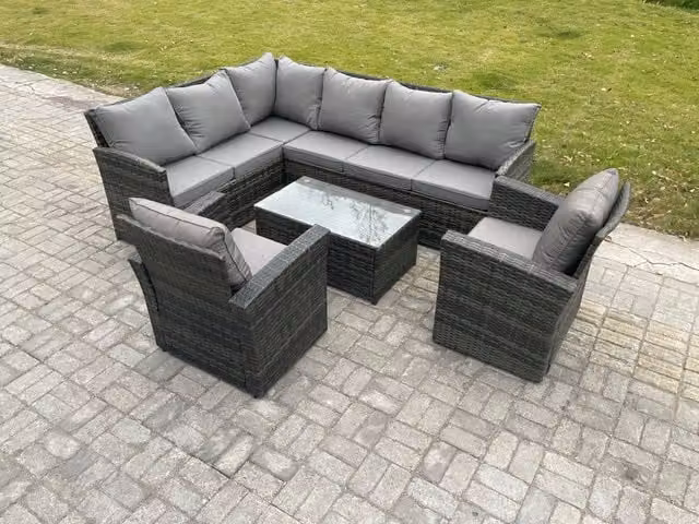 Fimous Rattan Lounge Corner Sofa Set with Rectangular Coffee Table and 2 Armchairs in Dark Grey