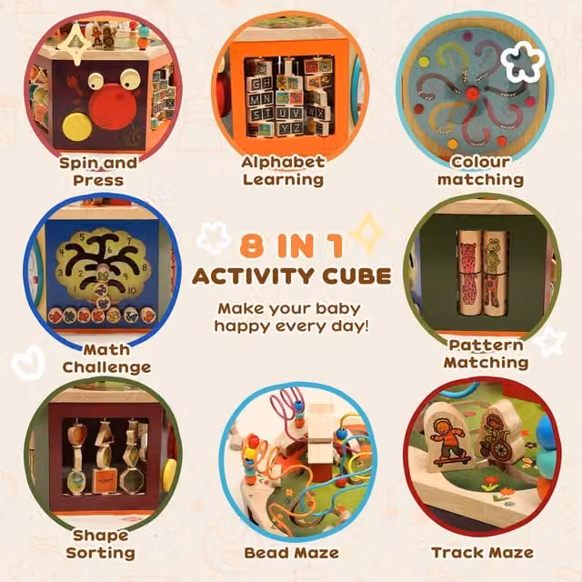 AIYAPLAY 8 in 1 Wooden Activity Cube for Toddlers 18M+, Multicoloured