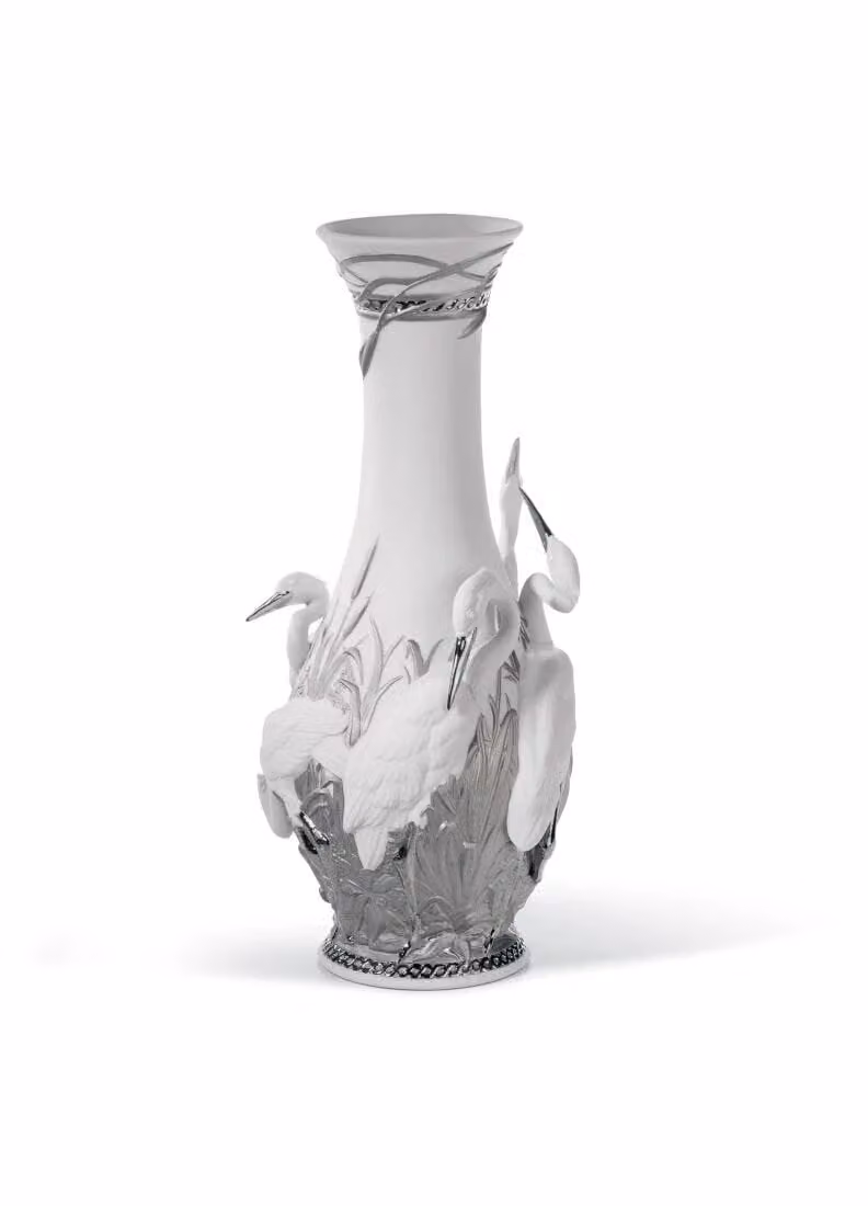 Lladró Herons Realm Porcelain Tabletop Vase in Silver and White