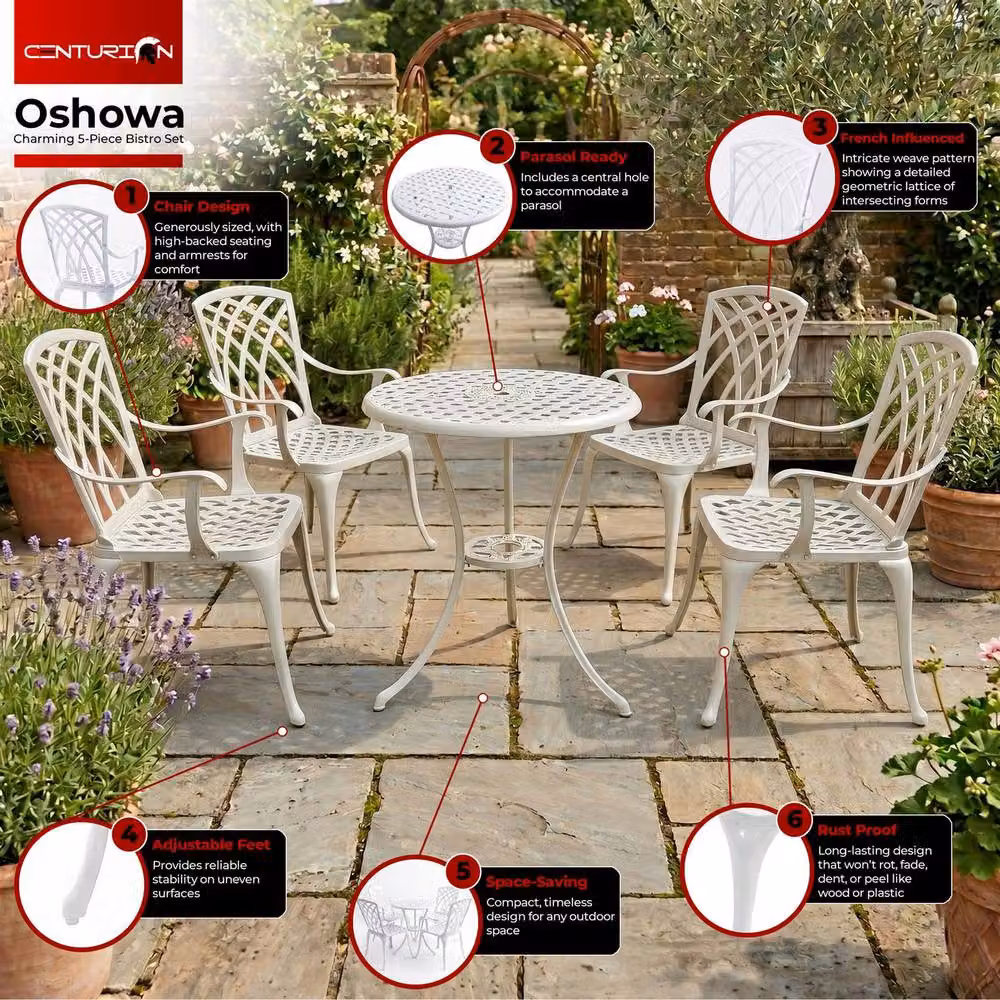 Centurion OSHOWA 5-Piece Cast Aluminium Bistro Set in White featuring a Round Table and 4 High-Backed Armchairs – 4