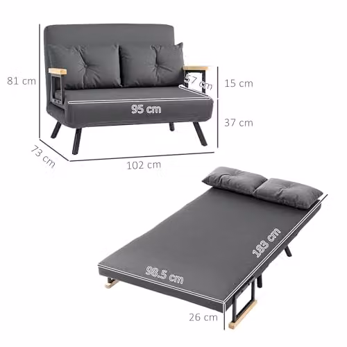 HOMCOM 2 Seater Click Clack Sofa Bed in Grey Velvet Fabric with Metal Frame and Scatter Cushions, W/D/H: 140 x 190 x 73 cm – 3