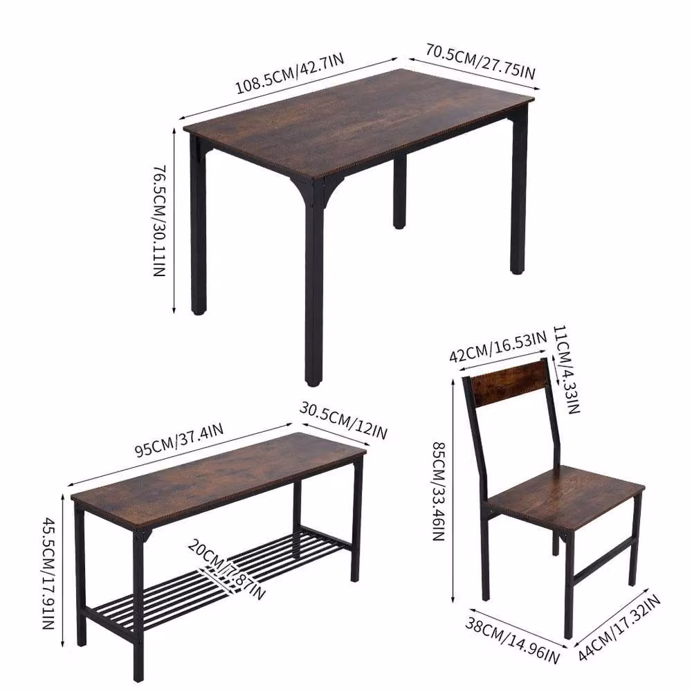 KORVIXA Industrial Dining Set with Square Wood Table, 2 Stools and 1 Bench, Brown, W/D/H: 100 x 100 x 75 cm – 2