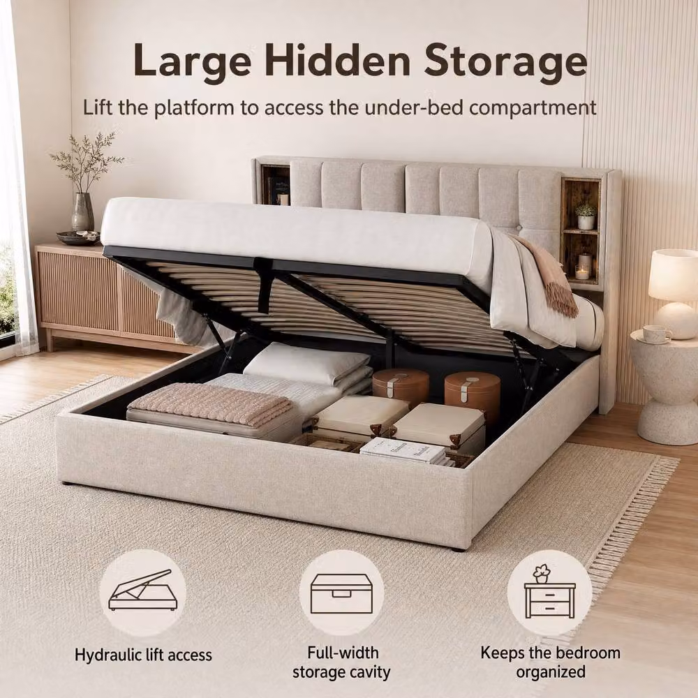 STILVORA King Size Upholstered Bed in Sand with Wireless Charging, Storage and Bedside Shelf, W/D/H: 180 x 200 x 152.4 cm – 3