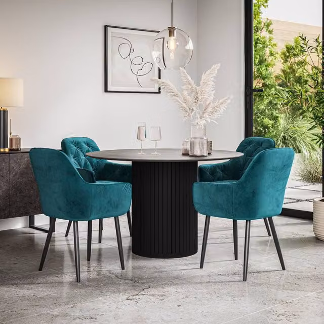 More4Homes Arlo Concrete Round Dining Table with Black Legs and 4 Anika Blue Velvet Dining Chairs Set, W: 120 cm, H: 75 cm