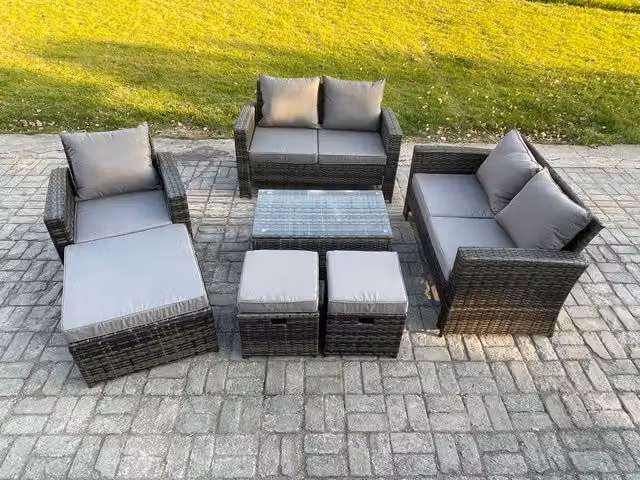 Fimous 8 Seater Rattan Garden Furniture Set in Dark Grey with U-Shape Sofa, Coffee Table and Ottomans