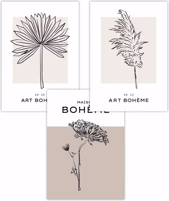 ARTZE Set of 3 Minimalist Sketch Leaves and Flowers Boho Botanical Art Posters in Beige and Black, W: 42 cm, H: 59 cm