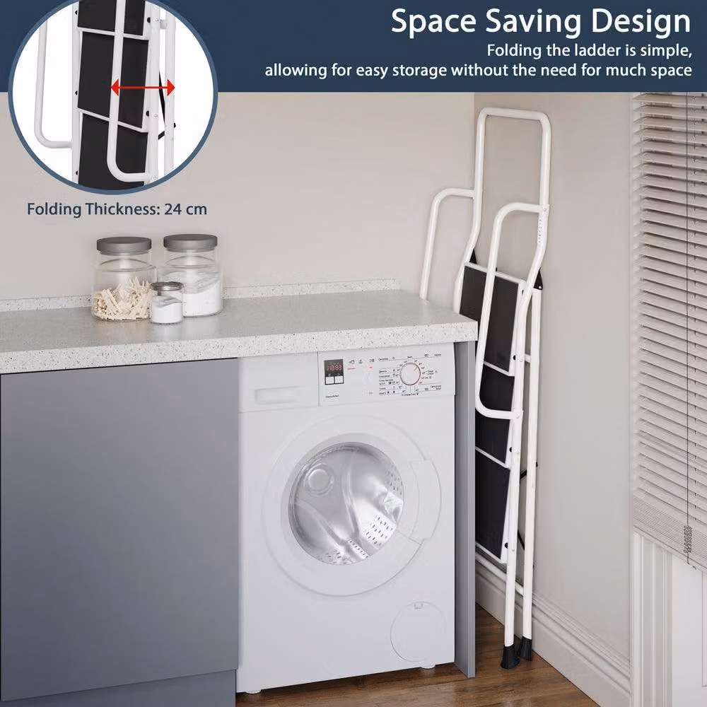 HD Designs Home Vida Foldable 3 Step Ladder with Handrail in White – 5