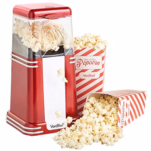 VonShef Retro Popcorn Maker Machine, 1200W Hot Air Circulation Air Popcorn Maker with One Touch Operation and 6 Boxes, Red – 8