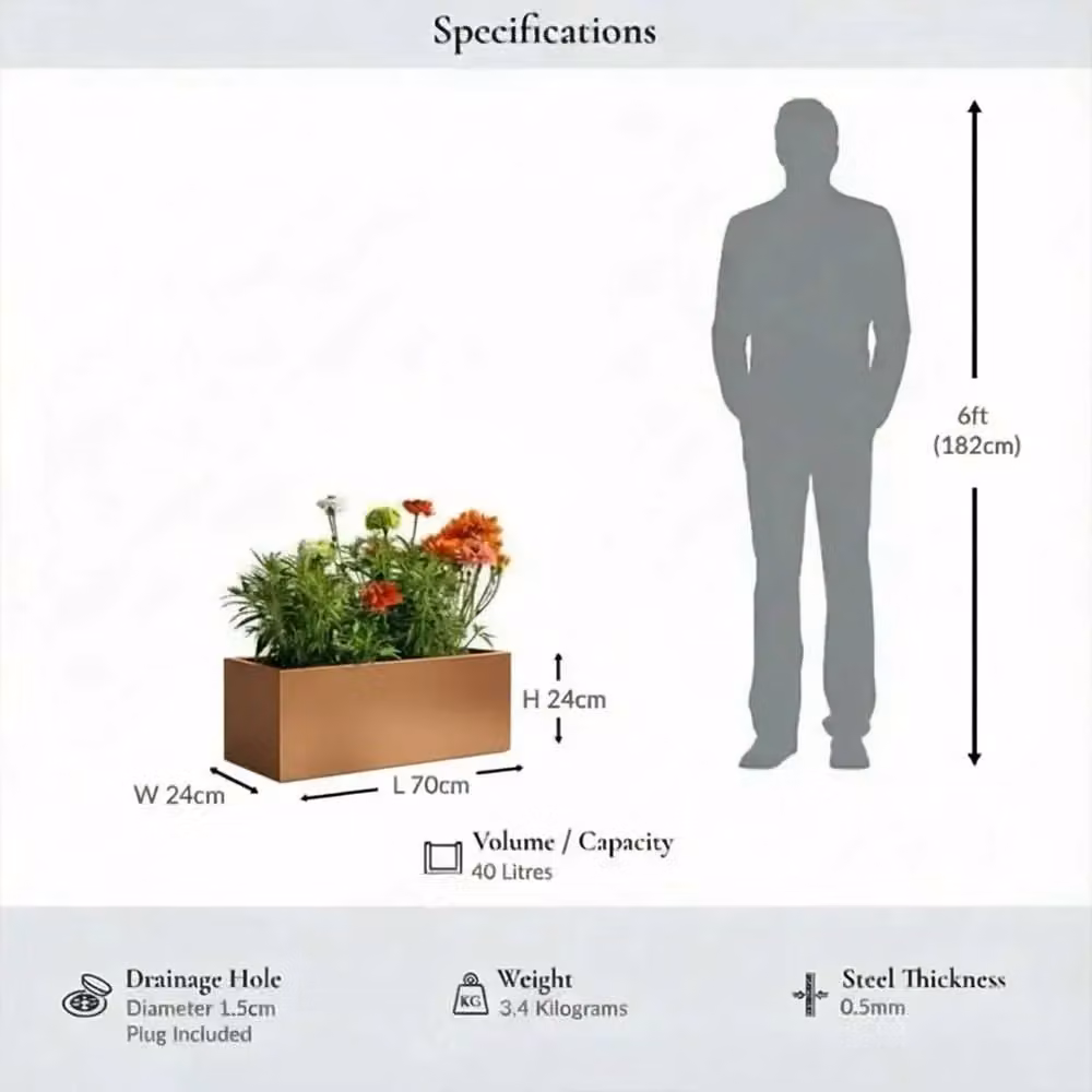 Access Garden Products Brown Galvanised Steel Copper Trough Planter Window Box, Width: 70 cm – 2