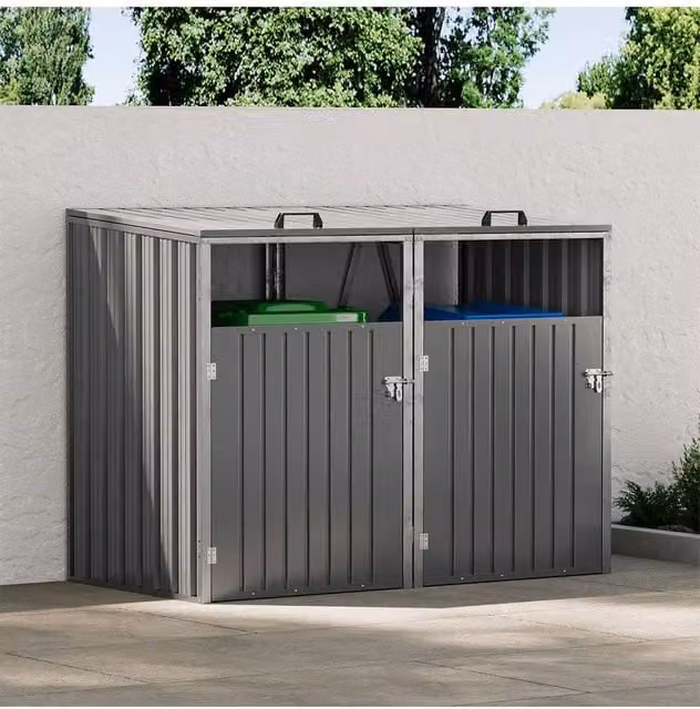 Living and Home Lockable Double Outdoor Trash Bin Shed in Grey Steel – 1