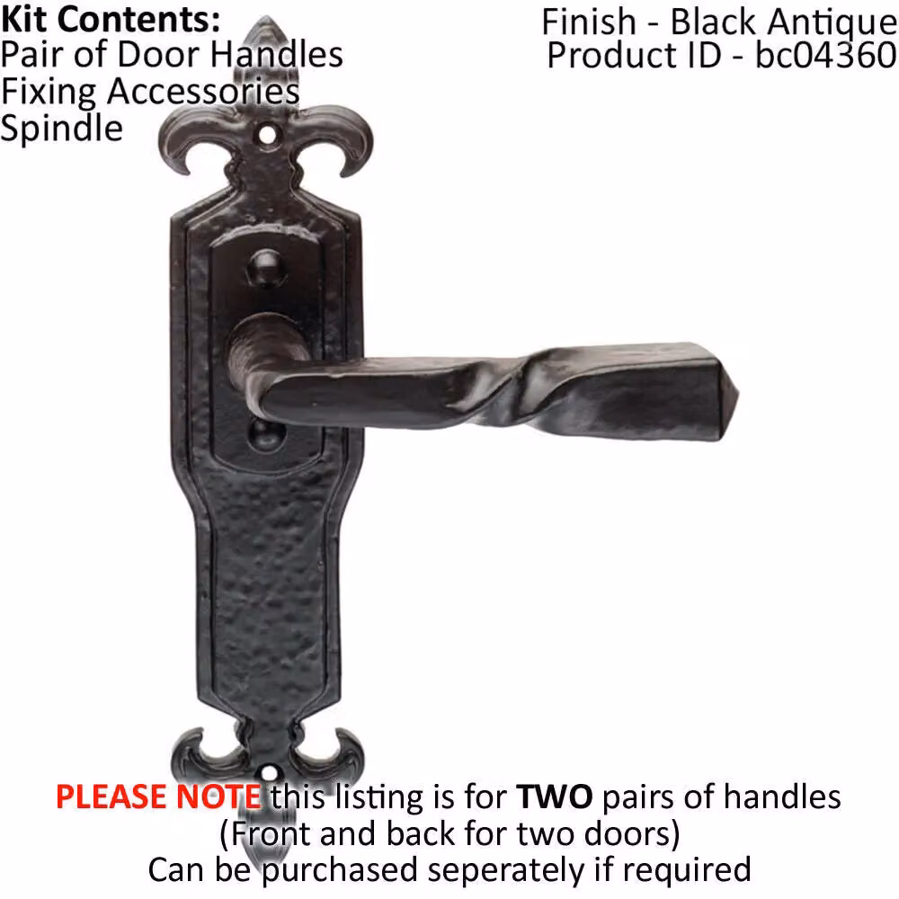 Loops 2x Pair Forged Twisted Ornate Lever on Latch Backplate, Black Antique, 226 x 50 mm – 2