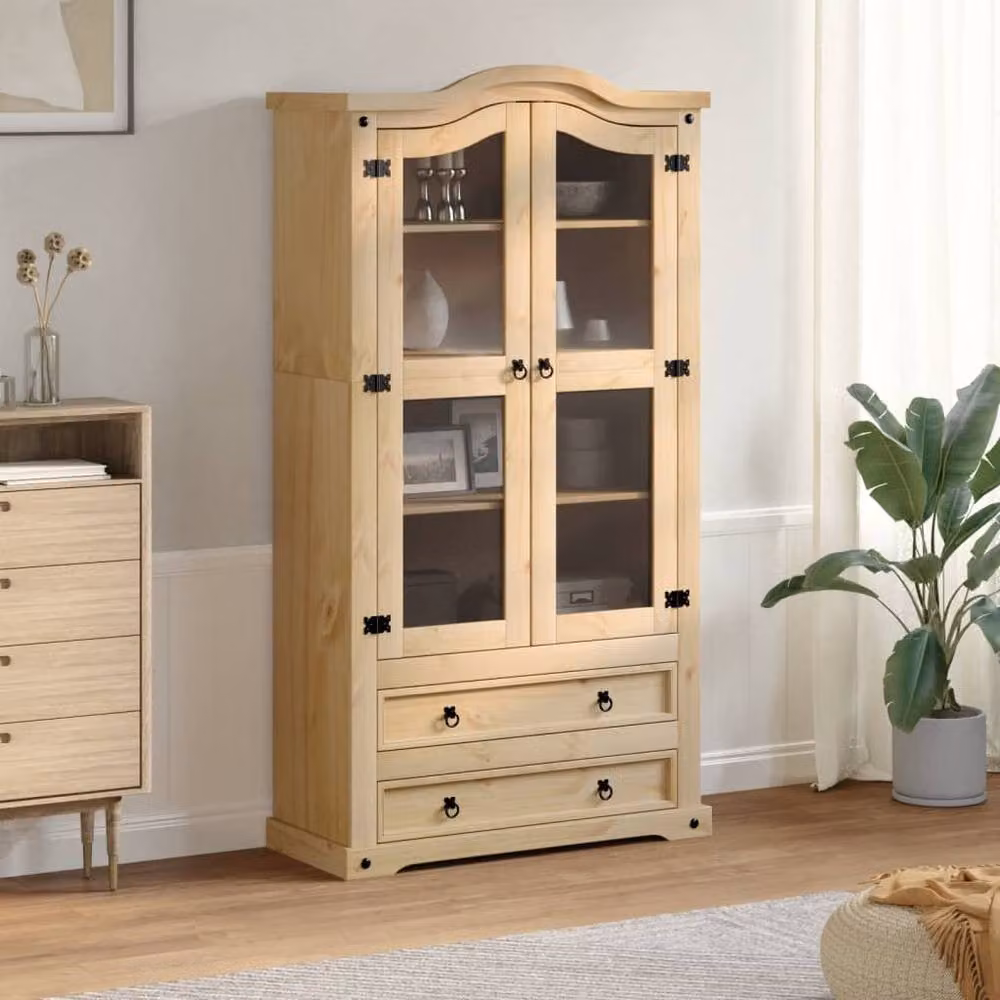 Berkfield Home Corona Glass Display Cabinet in Brown Solid Pine, W/D/H: 99 x 43 x 187 cm – 2