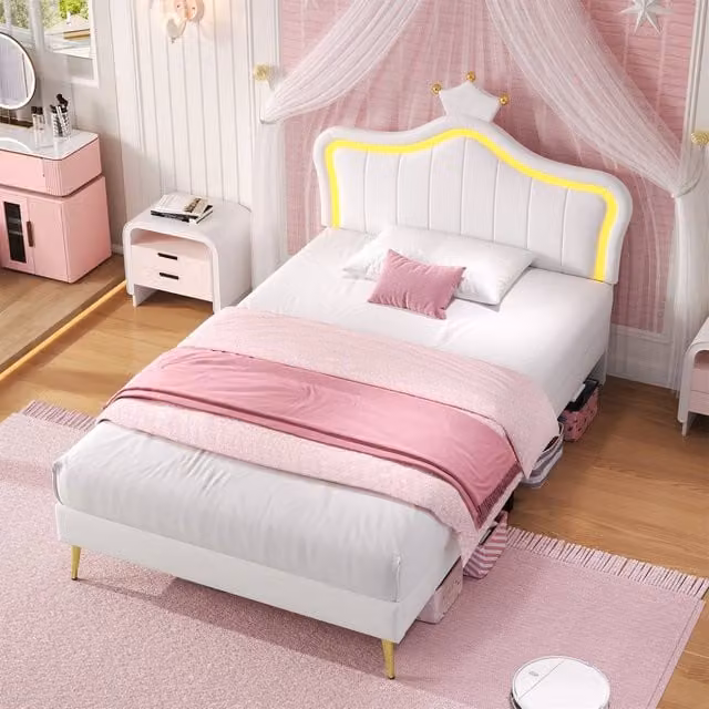 BTM White PU Leather Upholstered Double Bed with Adjustable Crown Shape LED Headboard, W/D/H: 140 x 200 cm – 1