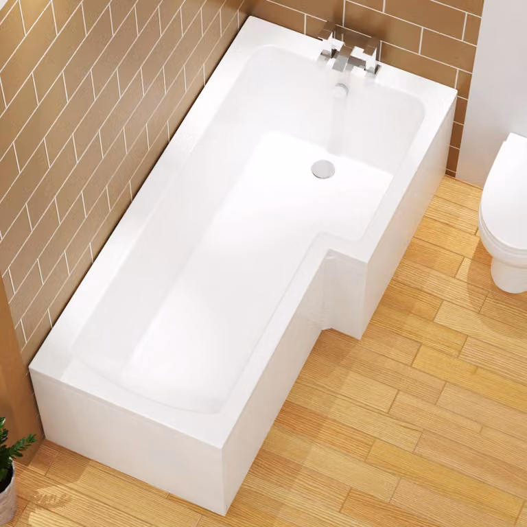 Qubix White Acrylic L-Shaped Square Corner Shower Bath with MDF Front and End Panels, W: 150 cm, D: 85 cm