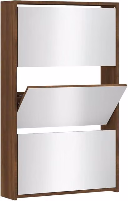 Berkfield Home Modern 3-Layer Shoe Cabinet with Mirror in Brown Oak, W: 63 cm, D: 17 cm, H: 102.5 cm – 1