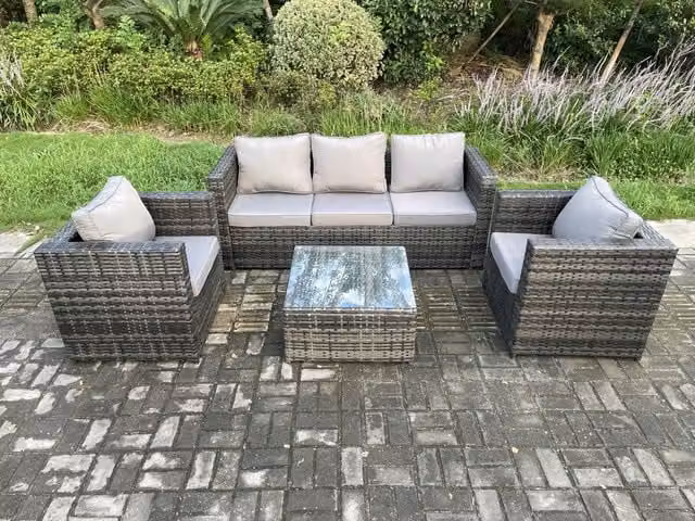 Fimous Outdoor Lounge Sofa Set in Dark Grey Mixed Rattan with 3-Seater Sofa, Armchair and Coffee Table – 1