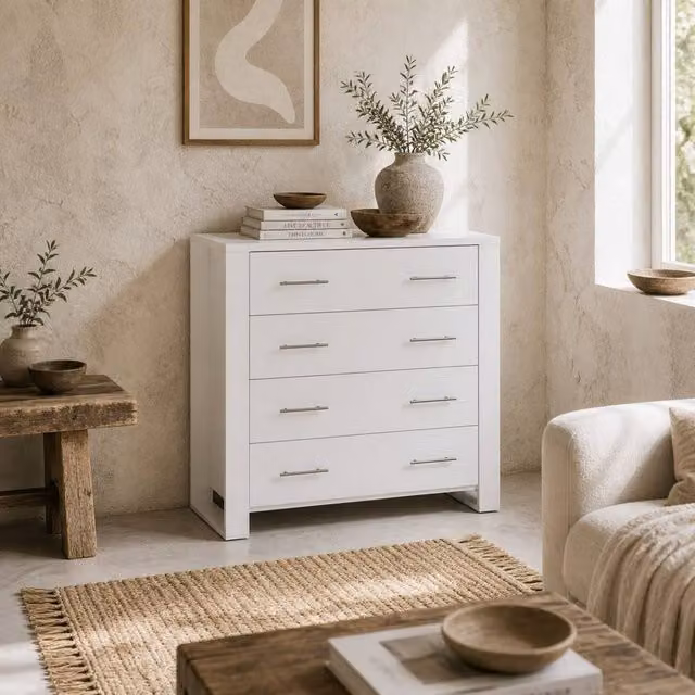 Wyld Haus Moyota 4 Drawer White Chest with Silver Metal Handles W/D/H: 92 x 33.5 x 90 cm – 1