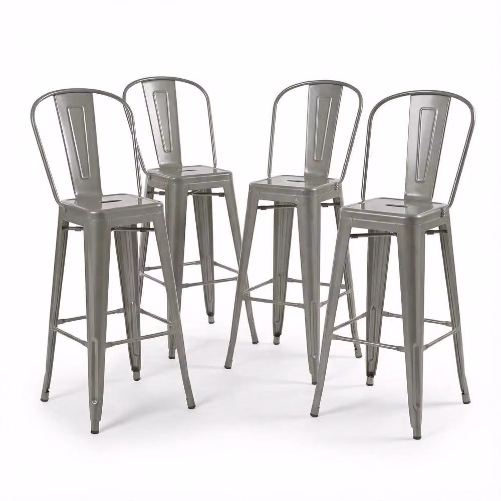 FWStyle Set of 4 Bistro Bar Stools in Silver Gloss Metal for Indoor and Outdoor Use – 3