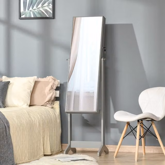 HOMCOM Lockable Mirror Jewellery Cabinet with Internal Shelves, Grey