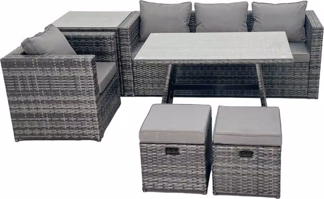 Fimous Rattan Dining Table, Sofa Set, Side Table and Small Footstool in Dark Grey