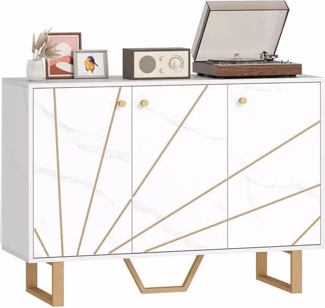 ERGOVEXA Modern Sideboard Storage Cabinet in White and Gold with Adjustable Shelving