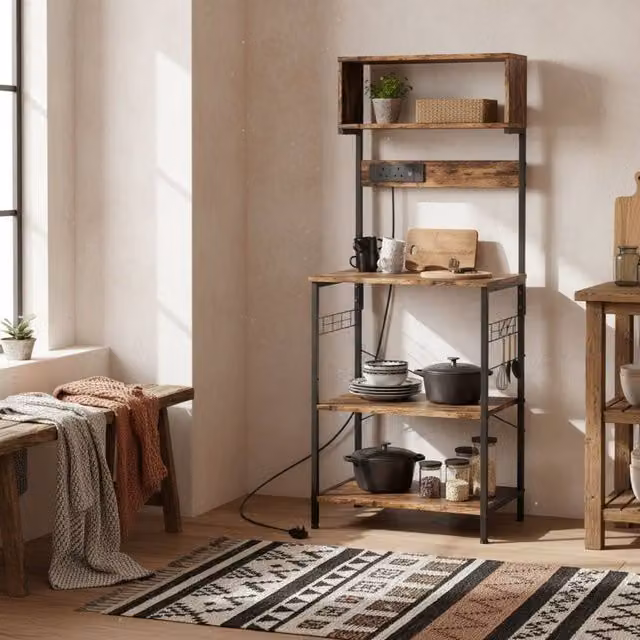 Wyld Haus Rustic Brown Industrial Bakers Rack with Adjustable Shelves and Power Outlets, W/D/H: 42 x 42 x 153 cm