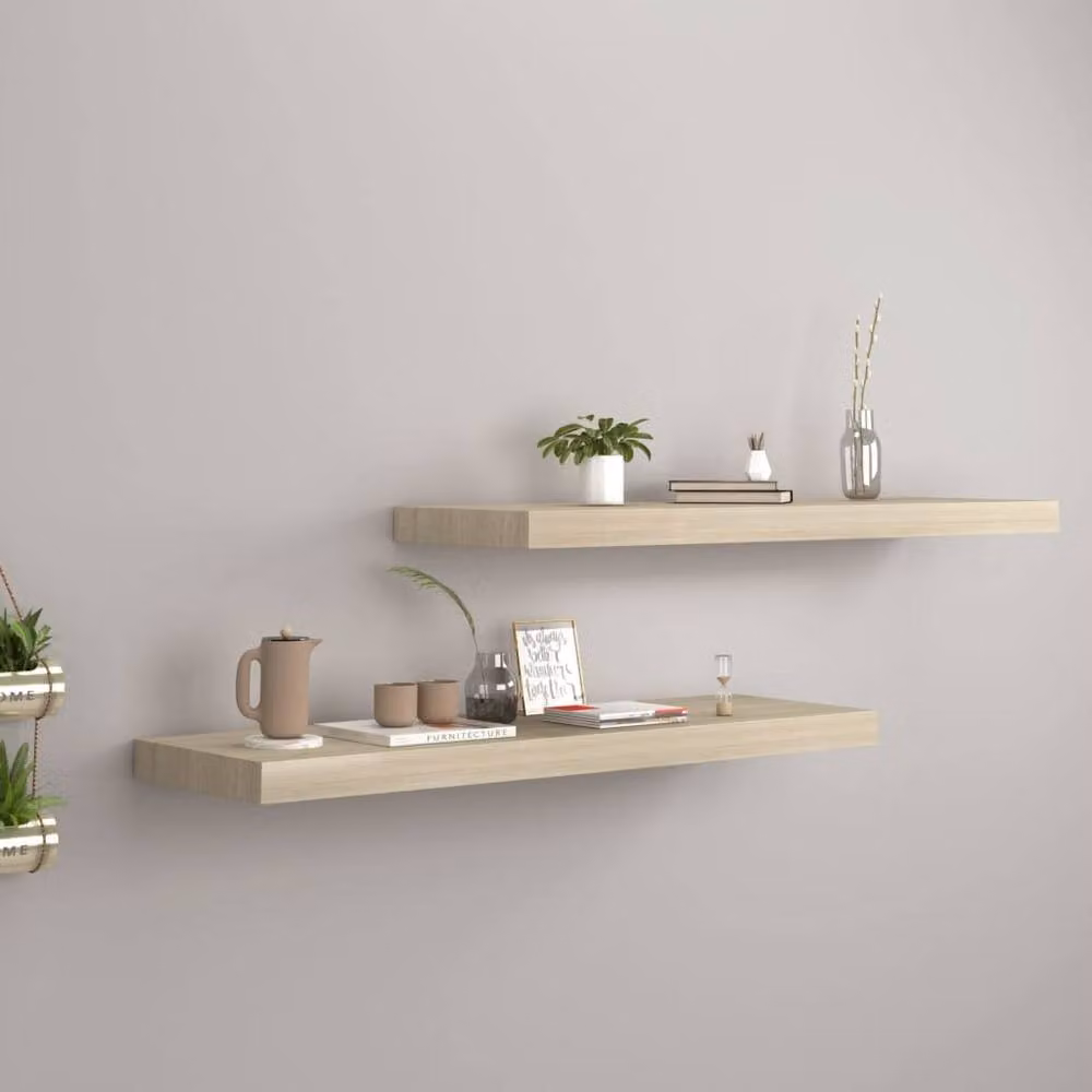 Berkfield Home Durable Floating Wall Shelves, 2 Piece Set in Light Oak, W/D/H: 80 x 23.5 x 3.8 cm – 2