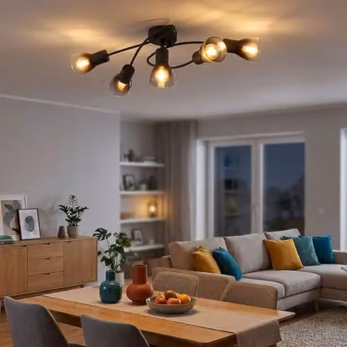 Globo Lighting Satella Multi Arm Ceiling Lamp in Black with Smoke Glass, 5x E14, W: 58 cm, H: 16.5 cm – 3