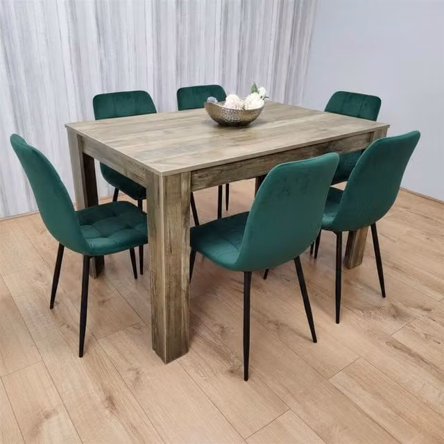 KOSY KOALA Modern Rectangular Dining Table with 6 Green Velvet Tufted Chairs in Brown
