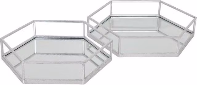 Lemon Pavilion Hexagon Set of Two Glass and Metal Trays in Silver, W: 50 cm, D: 43 cm, H: 9 cm