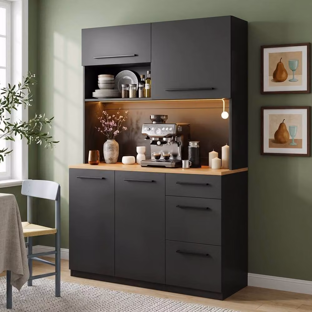 Rolipo Black Tall Modern Dining Room Sideboard with LED Lights and USB Ports, H 180 x W 120 x D 40 cm – 1