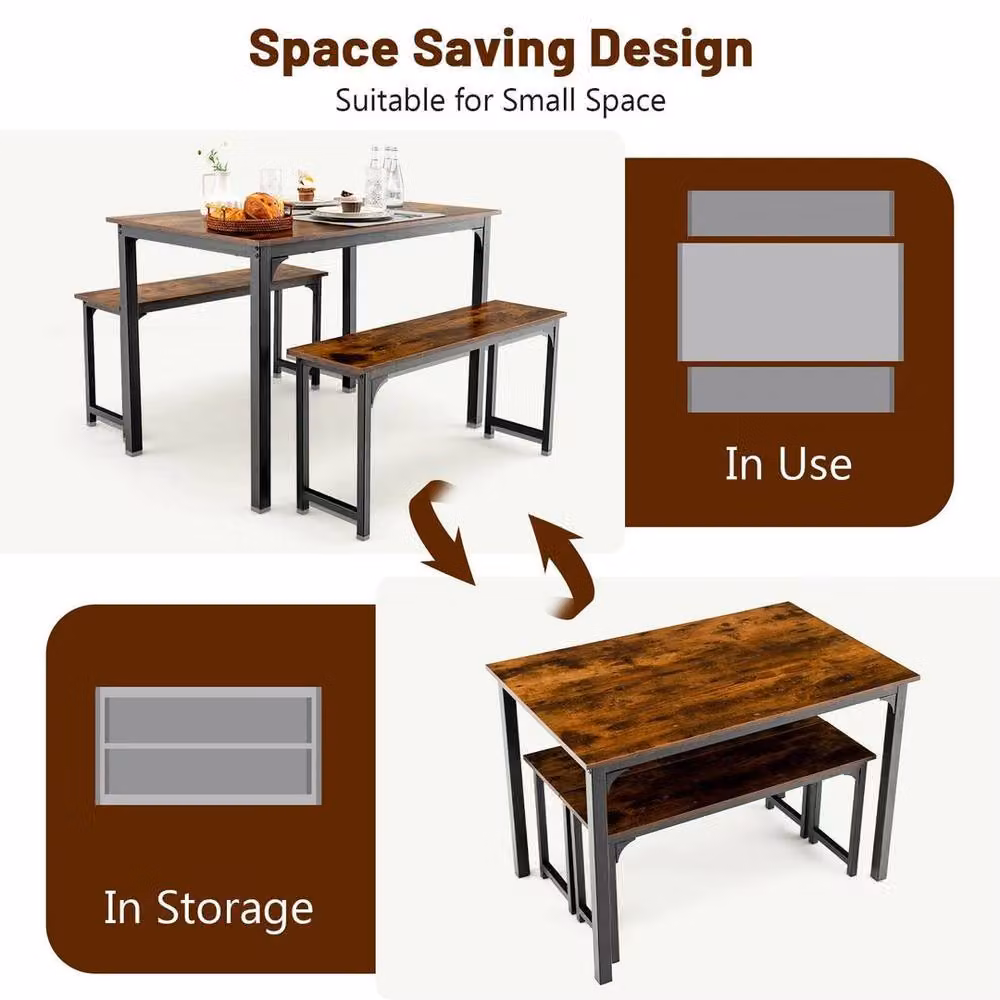 Kelvenix 3-Piece Industrial Dining Table and Benches Set in Brown – 4