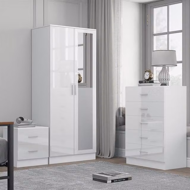 REFLECT Bedroom Furniture Bundle including 2-Door Mirror Wardrobe, Chest of Drawers and Bedside Table in White Gloss and Matt White