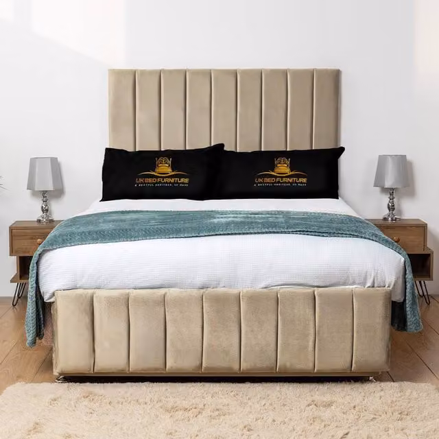 UK Bed Furniture Falcon Divan Bed Base with 26 Inch Headboard, Beige Fabric, No Storage, W/D/H: 200 x 200 cm, Super King