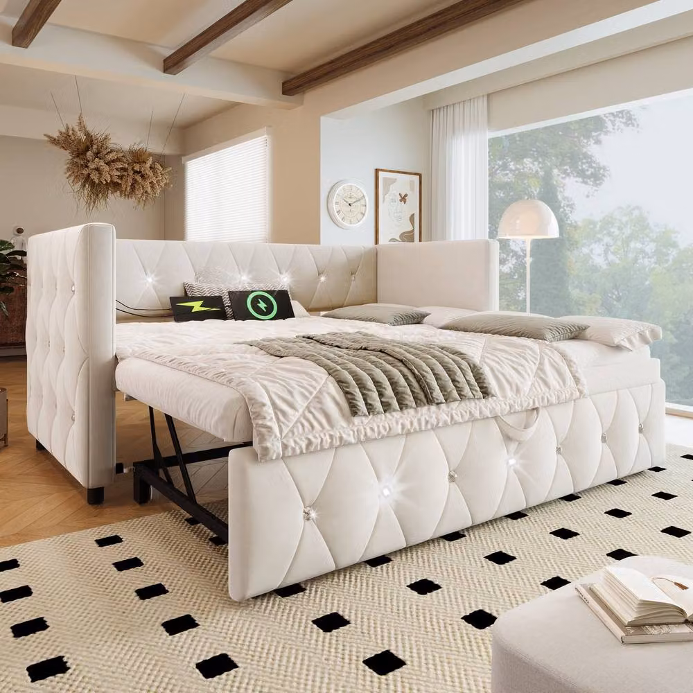 Rolipo Beige Velvet Single Daybed with Pull Out Trundle and USB Charging Port, W/D/H: 90 x 190 x 76 cm – 6