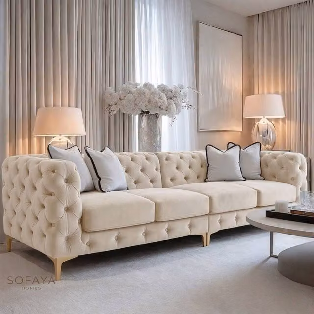 Sofaya Monaco Chesterfield 4 Seater L-Shape Sofa in Beige Velvet with Scatter Cushions