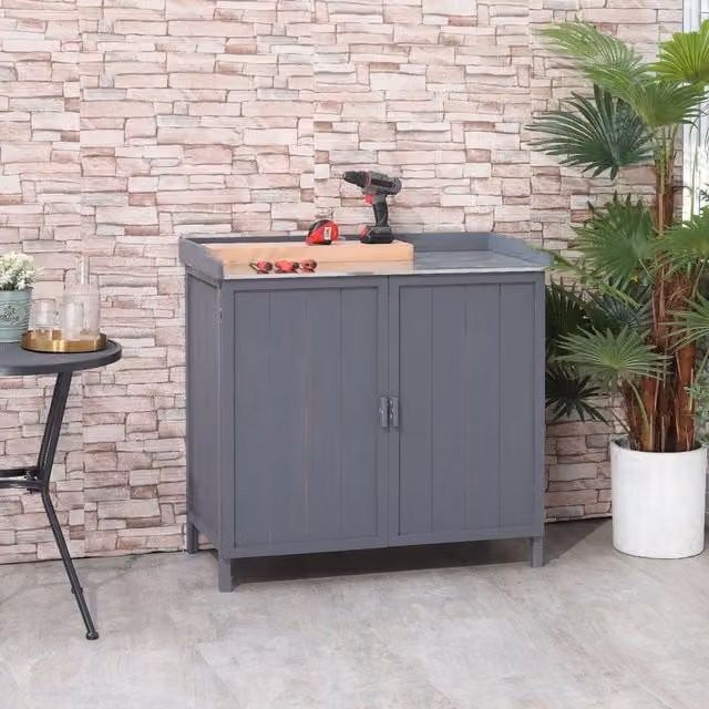 OUTSUNNY Garden Storage Cabinet Potting Bench Table with Galvanised Top in Grey – 1