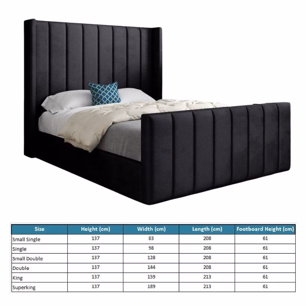 KDMD Stretton Winged Upholstered Designer Bed Frame in Black Soft Velvet, W/D/H: 140 x 200 x 137 cm – 6
