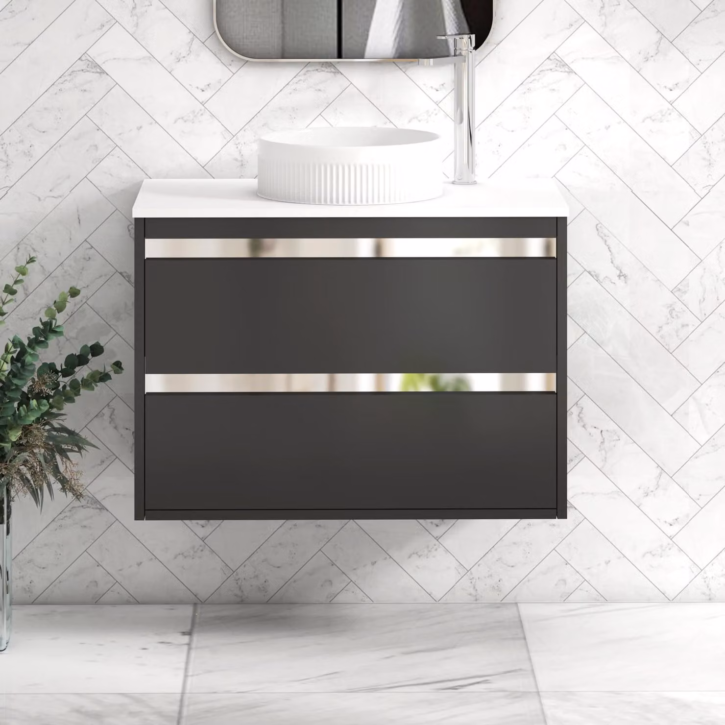 Royal Bathrooms Orion 800mm Matt Obsidian Black Wall Hung Vanity Unit with 2 Drawers, Plain White Countertop and Round Basin