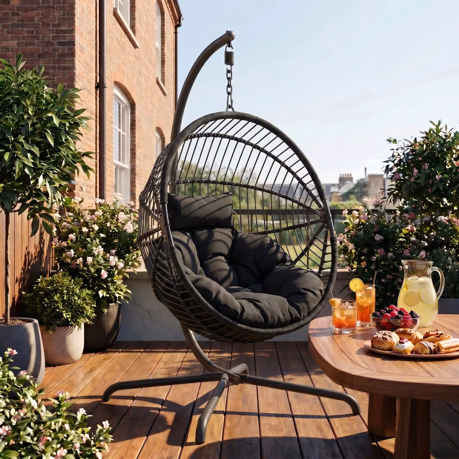 DHS Black Rattan Foldable Garden Hanging Egg Chair with Stand and Cushions