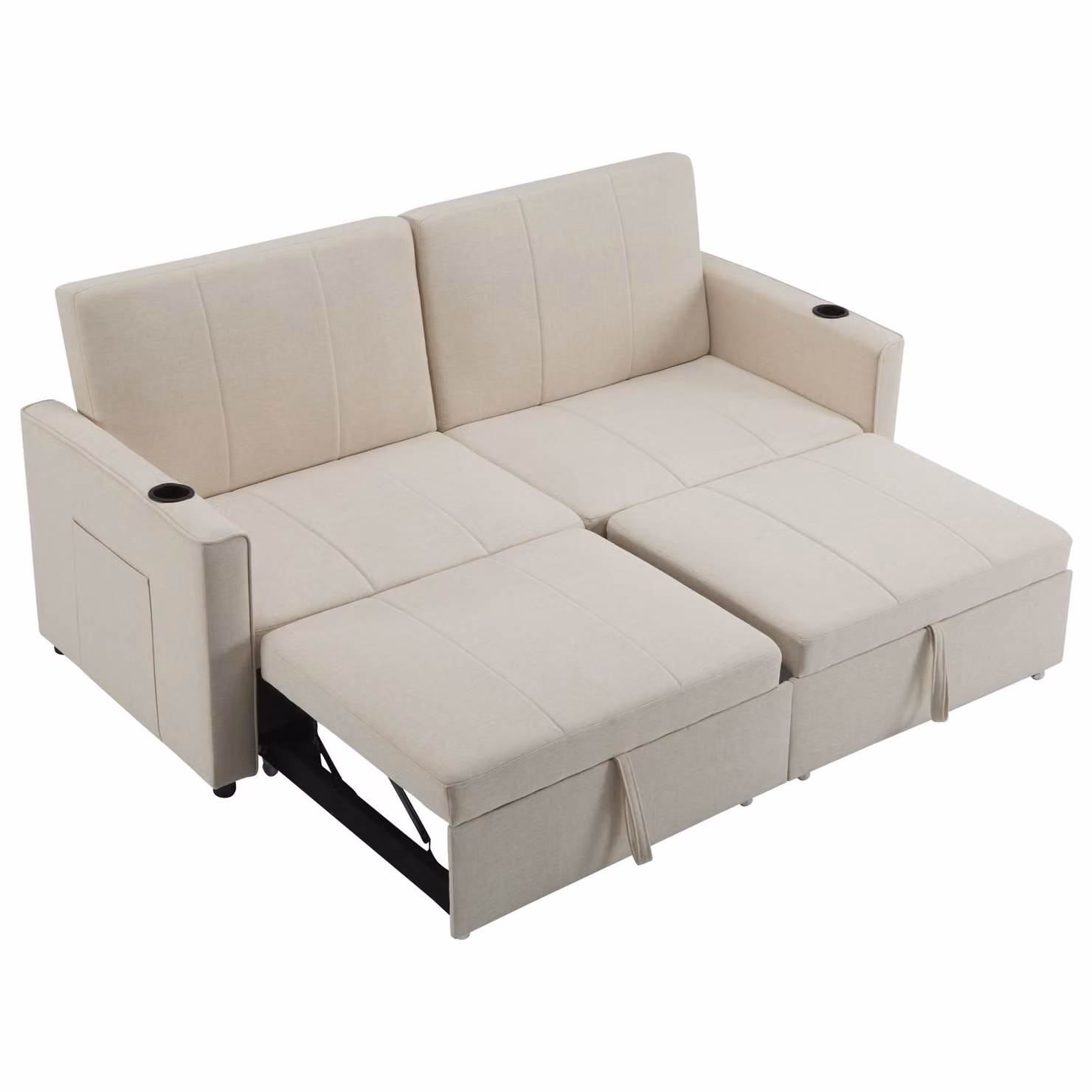 Aosom UK King-Size 3-in-1 Convertible Pull-Out Sofa Bed in Beige, 2-Seater Upholstered Couch with Adjustable Headrest and Cup Holders, W/D/H: 207 x 87 x 96 cm – 2