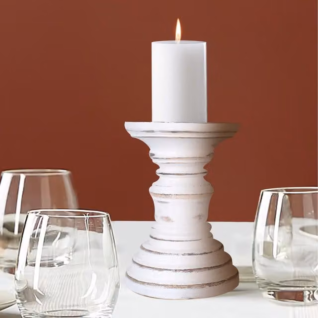 Topfurnishing Rustic Antique Carved Wooden Pillar Church Candle Holder, White, Height: 12 cm