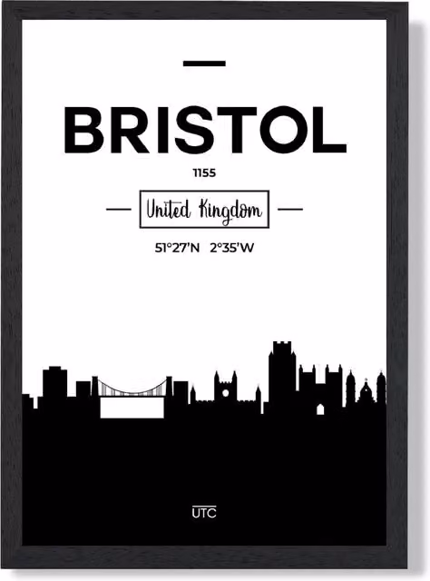 ARTZE Bristol Black and White City Skyline Framed Print in Black Frame